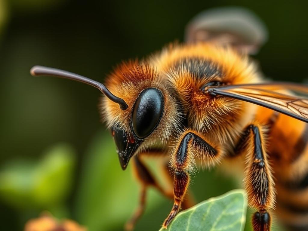 A detailed close-up view of the sensory system of a honeybee, showcasing its compound eyes, antennae, and other specialized sensory organs. The bee is situated in a serene natural setting, with a soft, warm-toned lighting that accentuates the intricate details of its anatomy. The background features blurred greenery, hinting at the bee's natural habitat. The scene conveys a sense of scientific curiosity and appreciation for the remarkable sensory capabilities of these industrious pollinators. APICOLTURA BORVEI MIELE.