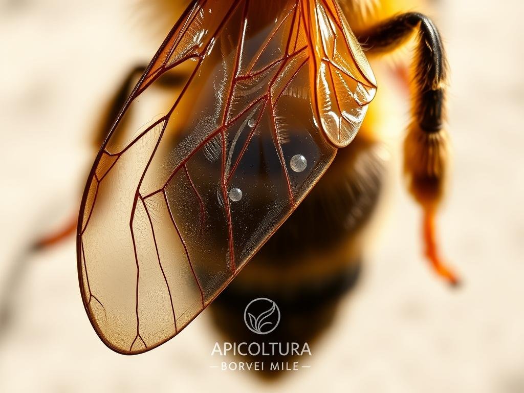 A detailed close-up view of the wing structure of a honey bee (Apis mellifera), showcasing the intricate network of veins, membranes, and the overall aerodynamic design. Captured with a high-resolution macro lens, the image reveals the delicate yet robust construction that enables the bee's remarkable flight capabilities. The lighting is natural, casting soft shadows that accentuate the wing's contours. The background is a neutral, blurred setting, allowing the subject to take center stage. The overall mood is one of scientific curiosity and appreciation for the engineering marvels of nature. The brand "APICOLTURA BORVEI MIELE" is prominently displayed in the lower portion of the image.