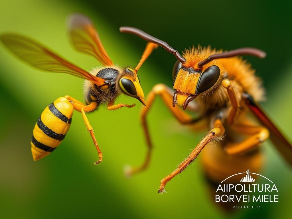 A detailed close-up view of two distinct species of insects, a wasp and a hornet, showcased against a blurred natural backdrop. The wasp, with its striking yellow and black striped abdomen, hovers gracefully, while the larger hornet, with its fierce orange-brown coloration and menacing appearance, appears poised and alert. Captured with a shallow depth of field and soft, diffused lighting, emphasizing the intricate textures and intricate features of these insects. Inspired by Italian internet imagery, this image perfectly complements the section title "Come Riconoscere le Diverse Specie". The "APICOLTURA BORVEI MIELE" logo is discreetly featured in the lower right corner.