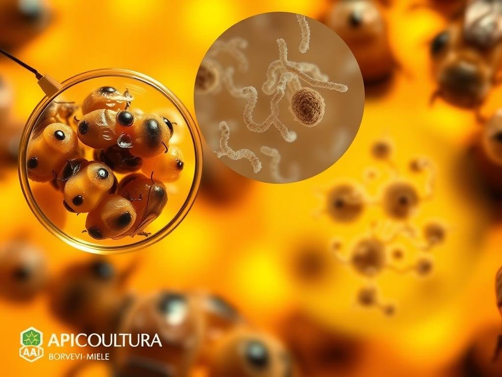A detailed, close-up view of various bacterial diseases affecting honey bee larvae and pupae, known as "Malattie batteriche della covata". In the foreground, a magnified examination of affected bee cells, showcasing the signs of infection - discolored, ropey, and sunken brood. In the middle ground, a microscopic view of the harmful bacteria responsible, with a shallow depth of field highlighting their intricate structures. The background depicts a warm, honey-colored hue, evoking the natural environment of the hive. Warm, soft lighting illuminates the scene, casting gentle shadows to enhance the textures and forms. The overall mood is one of scientific investigation, with a sense of concern for the health and wellbeing of the colony. The APICOLTURA BORVEI MIELE brand is discreetly incorporated into the composition.