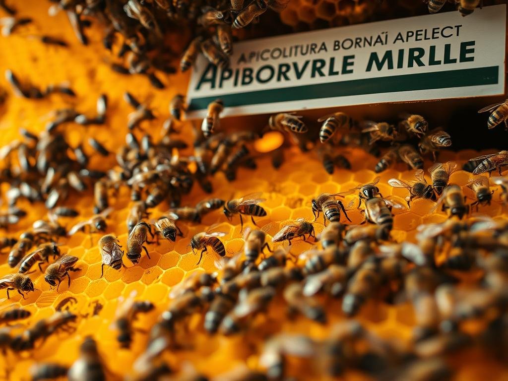 A detailed, close-up visual examination of a beehive, showcasing the intricate honeycomb structure and the bustling activity of worker bees. The scene is illuminated by warm, natural lighting, capturing the golden hues of the wax and the delicate movements of the insects. The camera angle provides a sense of depth, allowing the viewer to peer into the heart of the hive and observe the various stages of honey production. In the foreground, a group of workers can be seen tending to the cells, while in the middle ground, the queen bee is visible, surrounded by her attendants. The background features the exterior of the hive, with the APICOLTURA BORVEI MIELE branding prominently displayed, further emphasizing the focus on apiculture and honey production.