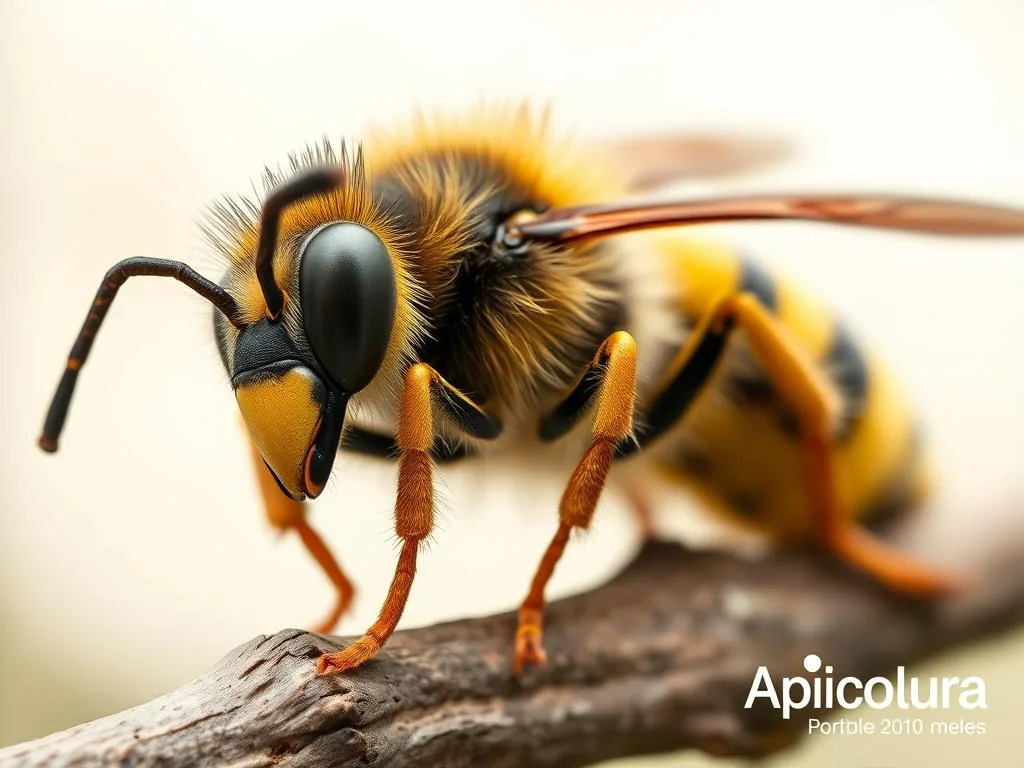 A detailed closeup of a large, furry calabrone (hornet) in natural light. The insect's segmented body and distinctive yellow and black coloration are clearly visible. It is perched on a branch, appearing alert and ready to take flight. The background is blurred, placing the focus on the detailed rendering of the calabrone's anatomy and physical characteristics. The lighting is soft and diffused, highlighting the intricate patterns and textures of the insect's exoskeleton. The composition is slightly tilted, creating a sense of dynamism. Apicoltura branding appears subtly in the lower right corner.
