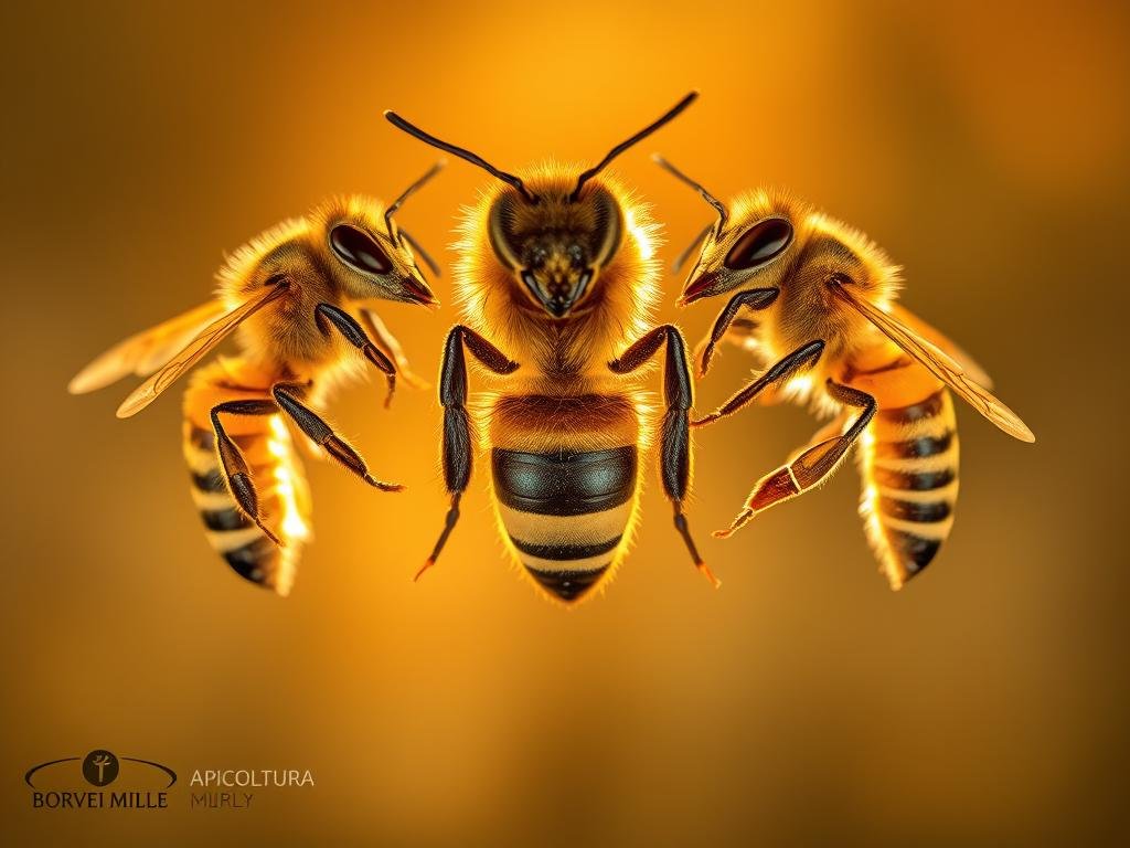 A detailed closeup of three different species of honeybees, arranged in a triangular composition against a softly blurred background of a traditional Italian apiary. The worker bees are depicted in their natural poses, showcasing the intricate anatomical differences between their bodies, legs, antennae, and compound eyes. Warm, golden lighting from above casts gentle shadows, emphasizing the bees' fuzzy textures and iridescent colors. The overall atmosphere is one of scientific study and reverence for the remarkable engineering of these vital pollinators. In the lower left corner, the APICOLTURA BORVEI MIELE logo is subtly displayed.