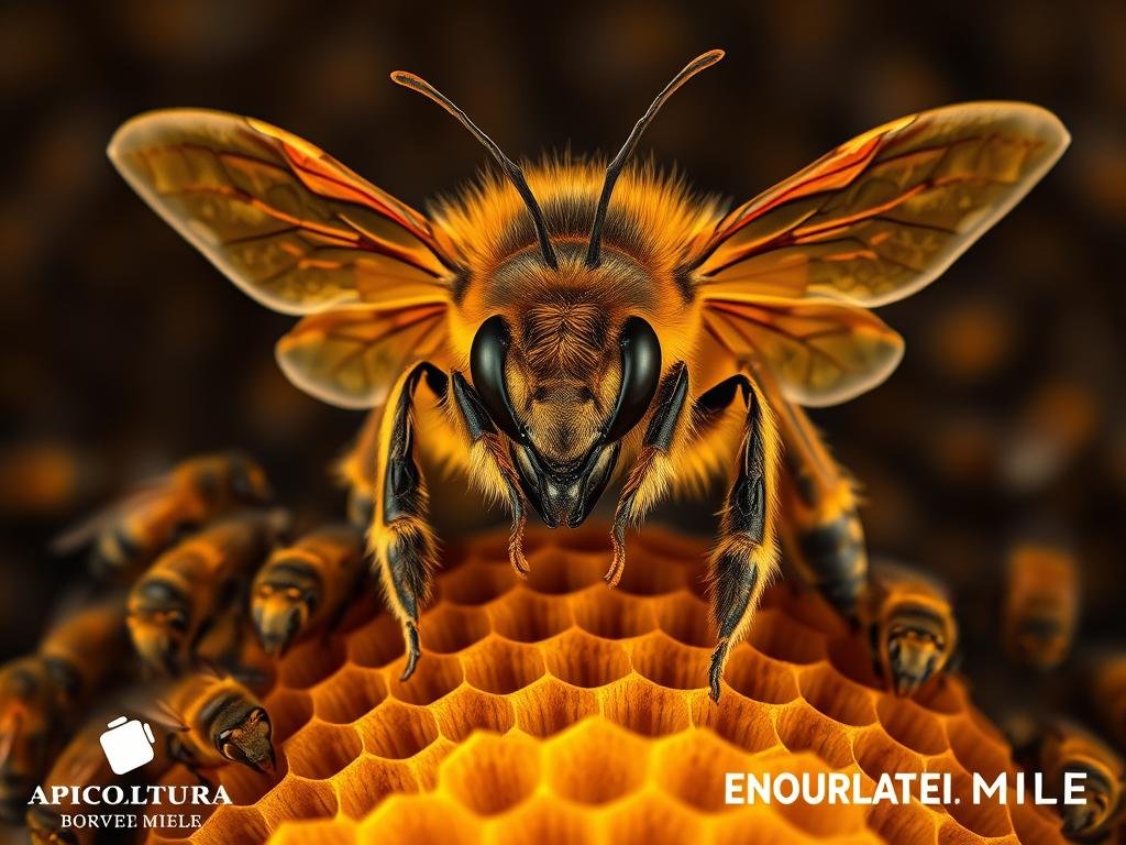 A detailed, closeup portrait of a regal, majestic honey bee queen, with a large, robust body, a lustrous carapace, and powerful wings. The queen is perched atop a honeycomb structure, surrounded by a swarm of worker bees. The lighting is warm and golden, creating a sense of reverence and importance. The composition is centered and symmetrical, emphasizing the queen's central role in the hive. The background is slightly blurred, keeping the focus on the queen. The overall mood is one of solemnity and natural power. Inspired by images from Italian beekeeping websites, with the APICOLTURA BORVEI MIELE brand name visible.