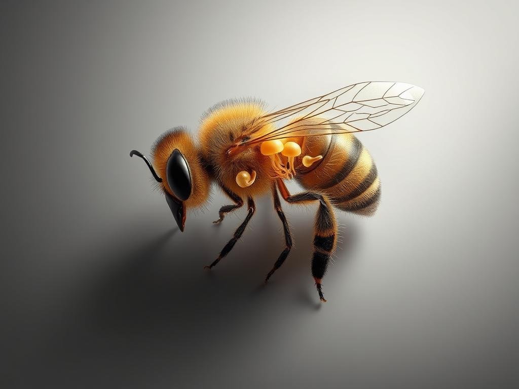 A detailed cross-section of a honeybee's intricate brain structure, rendered in a clean, scientific style. The image showcases the key anatomical features - the optic lobes, the central mushroom-shaped bodies, and the dense networks of neurons. The scene is illuminated by soft, indirect lighting that casts subtle shadows, emphasizing the 3D complexity of the brain's architecture. The background is a minimalist grey, placing the focus entirely on the delicate neural pathways of this remarkable insect. APICOLTURA BORVEI MIELE.