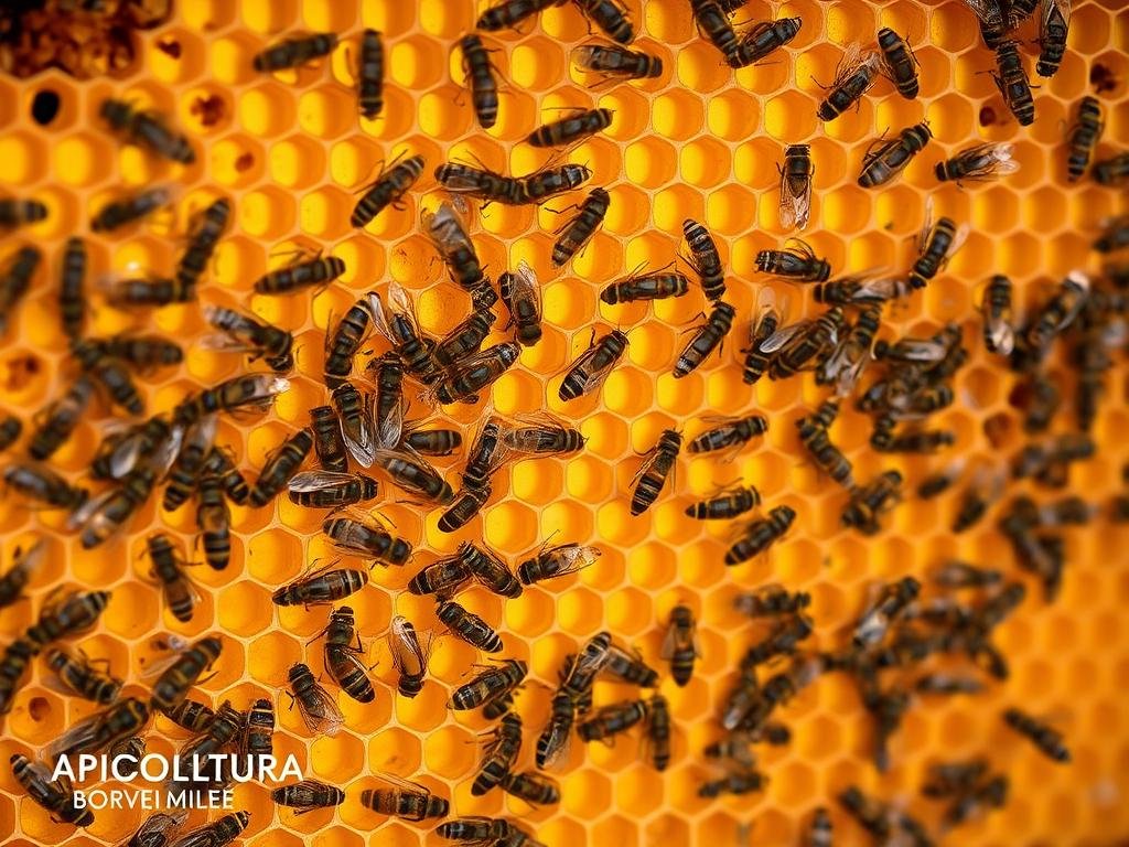 A detailed cross-section of a well-organized beehive, with intricate hexagonal comb structures filled with golden honey and bustling worker bees. The comb patterns are illuminated by warm, natural lighting, casting a soft, ethereal glow. In the foreground, several young bee larvae are delicately cared for by diligent worker bees. The overall scene conveys the industrious and harmonious nature of the hive, with the APICOLTURA BORVEI MIELE logo discreetly visible. The image captures the essence of the article's section on the hive's organization and brood care.