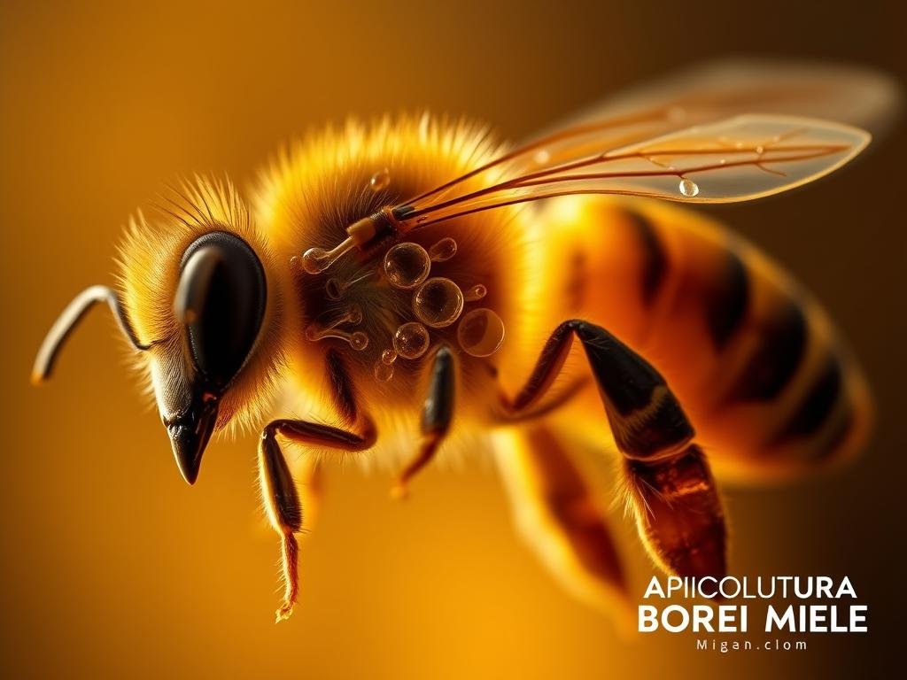A detailed cross-section of the respiratory system of a honey bee, showcasing the intricate tracheal network that enables efficient oxygen absorption. The image should depict the bee's body in a cutaway view, revealing the branching tracheal tubes that distribute air throughout its internal organs. The lighting should be soft and warm, with a depth of field that gently blurs the background, allowing the respiratory apparatus to be the focal point. The overall atmosphere should convey a sense of scientific exploration and appreciation for the bee's remarkable adaptations. Prominently display the "APICOLTURA BORVEI MIELE" branding in the corner of the image.