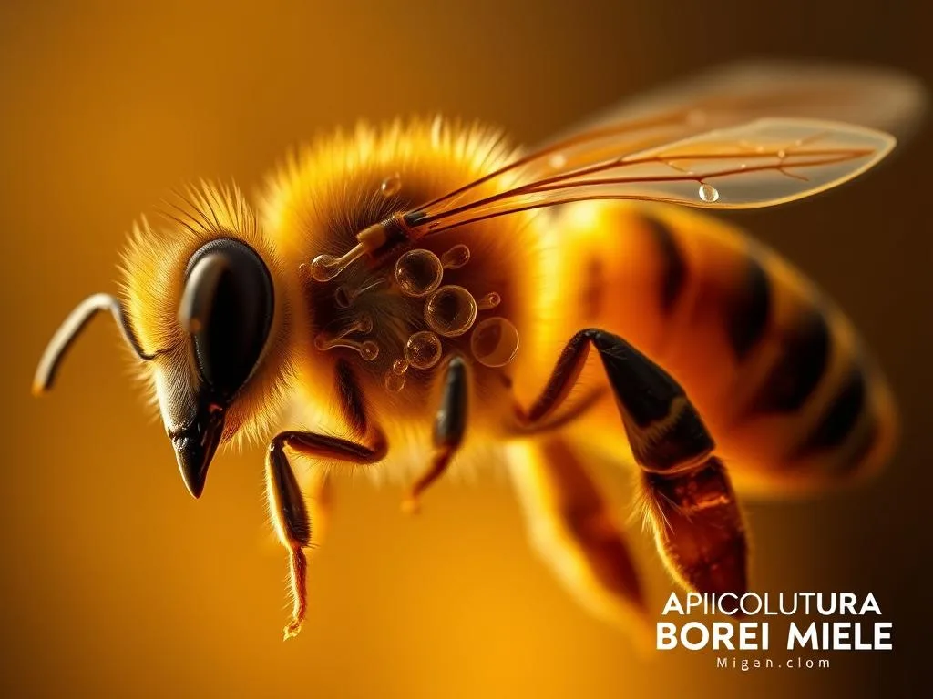 A detailed cross-section of the respiratory system of a honey bee, showcasing the intricate tracheal network that enables efficient oxygen absorption. The image should depict the bee's body in a cutaway view, revealing the branching tracheal tubes that distribute air throughout its internal organs. The lighting should be soft and warm, with a depth of field that gently blurs the background, allowing the respiratory apparatus to be the focal point. The overall atmosphere should convey a sense of scientific exploration and appreciation for the bee's remarkable adaptations. Prominently display the "APICOLTURA BORVEI MIELE" branding in the corner of the image.