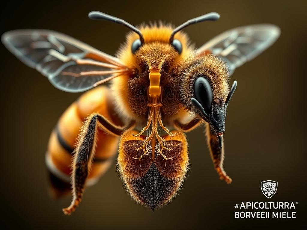 A detailed cross-section of the respiratory system of a honeybee, showcasing its intricate tracheal network. The image should have a technical yet naturalistic feel, capturing the delicate anatomy in vivid detail. The foreground should feature the bee's thorax and abdomen, with the tracheal tubes radiating outwards. The middle ground should include the intricate branching of the tracheae, highlighting the efficient air circulation. The background should have a soft, atmospheric lighting, emphasizing the intricate structures. The overall mood should convey a sense of scientific curiosity and appreciation for the ingenious design of the bee's respiratory system. Includes the "APICOLTURA BORVEI MIELE" logo.