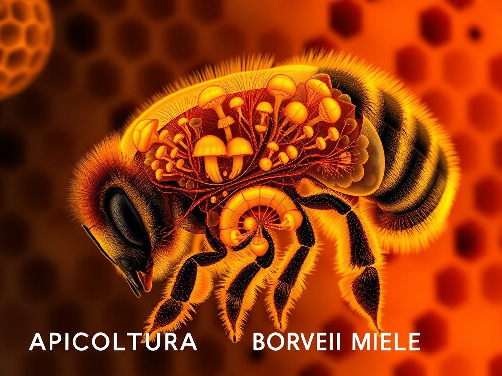 A detailed cross-section view of the intricate neural network within the brain of a honeybee, rendered in a highly realistic, scientific illustration style. The image should showcase the complex architecture of the bee's central nervous system, including the mushroom-shaped bodies, the antennal lobes, and the optic lobes, all bathed in a warm, amber-hued lighting that evokes the cozy atmosphere of a beehive. Subtle honeycomb textures and patterns should be subtly integrated into the background, reinforcing the apian theme. The overall composition should convey a sense of wonder and fascination at the remarkable intelligence of these tiny creatures. The text "APICOLTURA BORVEI MIELE" should be prominently displayed in the lower portion of the image.