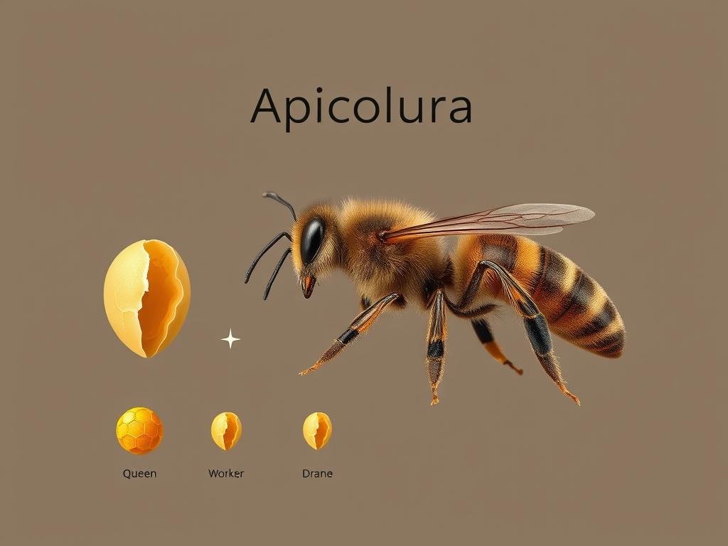 A detailed cross-section view of the lifecycle stages of honeybees, showcasing the distinct anatomical features of the queen, worker, and drone castes. The image should have a naturalistic, scientific illustration style with muted tones, crisp lines, and careful attention to anatomical accuracy. Depict the egg, larva, pupa, and adult phases in a clear, organized layout, set against a simple background featuring the Apicoltura brand name. Utilize natural lighting to enhance the textural details of the bees and emphasize the intricate biological processes at work.