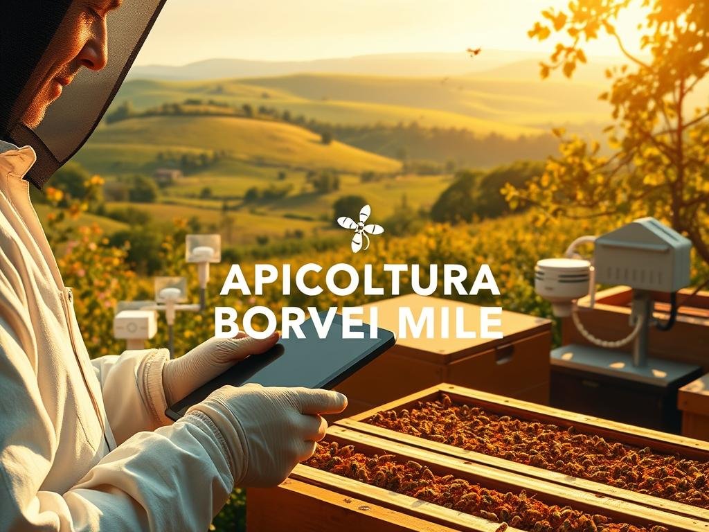 A detailed digital illustration showcasing the modern data collection process in Italian beekeeping. In the foreground, a beekeeper examines the hive frames, a tablet in hand, digitally recording critical metrics. The middle ground features an array of sensors and monitoring devices dispersed throughout the apiary, capturing real-time environmental data. In the background, a lush, verdant landscape with rolling hills and blooming flora, the natural habitat of the hardworking honeybees. The scene is bathed in warm, golden light, conveying a sense of productivity and efficiency. Prominently displayed is the brand name "APICOLTURA BORVEI MIELE", reflecting the progressive, technology-driven approach to modern apiculture. A detailed digital illustration showcasing the modern data collection process in Italian beekeeping. In the foreground, a beekeeper examines the hive frames, a tablet in hand, digitally recording critical metrics. The middle ground features an array of sensors and monitoring devices dispersed throughout the apiary, capturing real-time environmental data. In the background, a lush, verdant landscape with rolling hills and blooming flora, the natural habitat of the hardworking honeybees. The scene is bathed in warm, golden light, conveying a sense of productivity and efficiency. Prominently displayed is the brand name "APICOLTURA BORVEI MIELE", reflecting the progressive, technology-driven approach to modern apiculture.