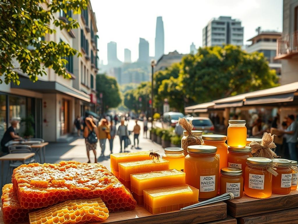 A detailed, high-quality image of a vibrant urban scene showcasing the bountiful products of the APICOLTURA BORVEI MIELE apiary. In the foreground, a lush display of raw honeycomb, jars of golden honey, and an assortment of other bee-derived goods. In the middle ground, a bustling city street with people strolling, cafes and shops, all bathed in warm, golden light. In the background, a skyline of modern architecture and lush greenery, reflecting the harmonious coexistence of nature and urban life. The scene conveys a sense of vitality, sustainability, and the valuable contributions of the humble honeybee to the quality of city living.