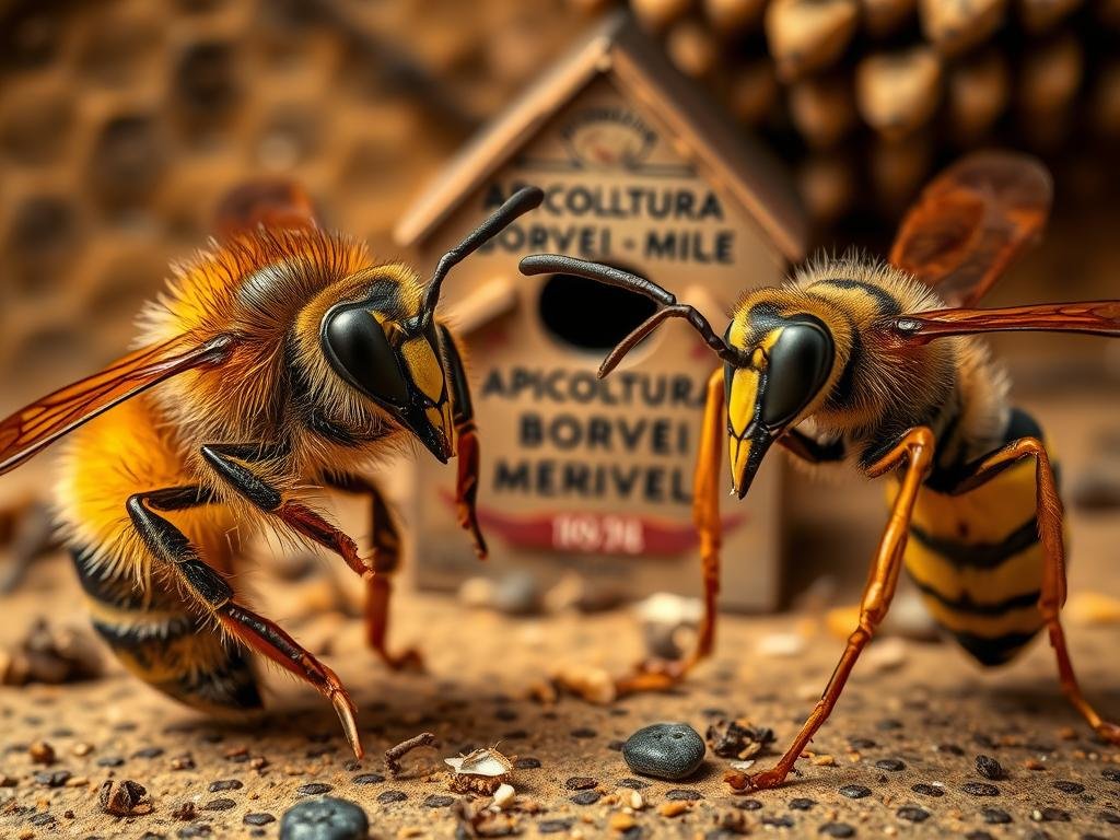 A detailed, high-quality image of the fundamental physical differences between honeybees and wasps. The scene is set in a warm, natural Italian setting, with a rustic, earthy tone. In the foreground, a honeybee and a wasp are displayed side-by-side, showcasing their distinct physical characteristics - the honeybee's fuzzy, robust body and the wasp's sleek, tapered form. In the middle ground, a small beehive labeled "APICOLTURA BORVEI MIELE" is visible, contrasting with the wasp nest in the background. The lighting is soft and diffused, creating depth and highlighting the textures and colors of the insects and their environments.