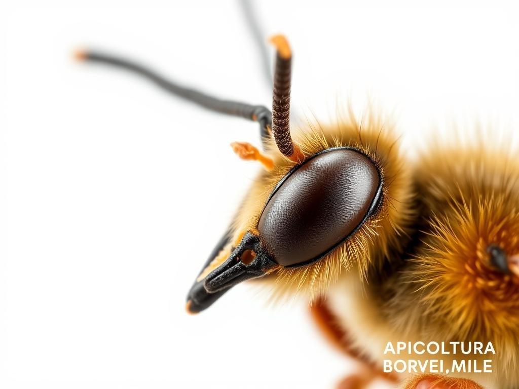 A detailed, high-resolution close-up image of the intricate anatomy of a honey bee's antennae, showcasing the various sensory structures and features. The antennae are depicted in a crisp, natural lighting setting, with a clean white background to emphasize the details. The overall composition focuses on the antennae, allowing the viewer to examine the delicate structures, such as the segmented flagellum, sensilla, and pedicel. The image should convey a sense of scientific curiosity and technical precision, complementing the article's section "Anatomia delle Antenne delle Api (700 parole)". Include the text "APICOLTURA BORVEI MIELE" in a discreet, unobtrusive manner. A detailed, high-resolution close-up image of the intricate anatomy of a honey bee's antennae, showcasing the various sensory structures and features. The antennae are depicted in a crisp, natural lighting setting, with a clean white background to emphasize the details. The overall composition focuses on the antennae, allowing the viewer to examine the delicate structures, such as the segmented flagellum, sensilla, and pedicel. The image should convey a sense of scientific curiosity and technical precision, complementing the article's section "Anatomia delle Antenne delle Api (700 parole)". Include the text "APICOLTURA BORVEI MIELE" in a discreet, unobtrusive manner.