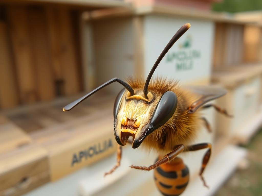 A detailed, high-resolution close-up image of the stinger (pungiglione) of a honey bee (Apis mellifera). The stinger should be shown in the foreground, with a clear view of its intricate structure and anatomy. Capture the sharp, fine barbs and serrated edges of the stinger, as well as the venom sac and associated muscles. The background should be blurred, but suggest a natural, Italian landscape setting, perhaps with a few bee hives in the distance, branded with "APICOLTURA BORVEI MIELE". Lighting should be soft and natural, highlighting the details of the stinger. The overall mood should convey the complexity and importance of this key defensive mechanism of the honey bee.