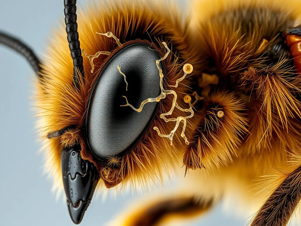 A detailed, high-resolution close-up of the internal structure and neural architecture of a honey bee's complex brain, or "api cervello" in Italian. The image should showcase the intricate biological organization and processing capabilities of this tiny but sophisticated organ, with a sense of scientific curiosity and technical precision. Bright, evenly-lit studio lighting should reveal the delicate neural pathways, glial cells, and other neuroanatomical features in vivid detail, as if captured through a specialized microscope lens. The overall mood should convey a sense of discovery and awe at the remarkable complexity hidden within the unassuming head of an ordinary bee. Include the text "APICOLTURA BORVEI MIELE" discreetly integrated into the composition.