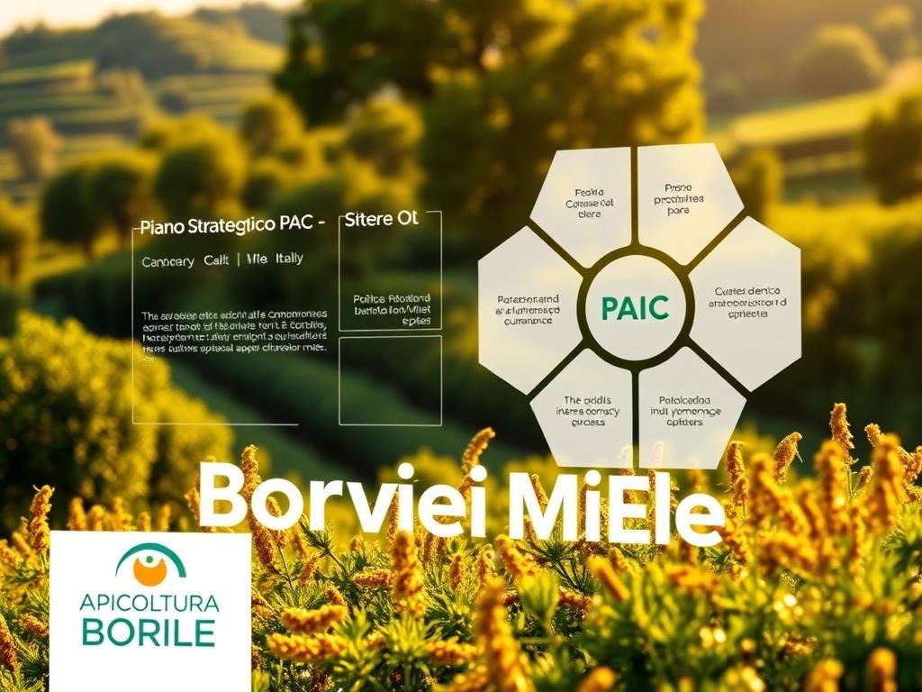 A detailed, high-resolution digital illustration of the "Piano Strategico PAC" (Common Agricultural Policy Strategic Plan), showcasing its key elements and their impact on the European apiculture (beekeeping) sector. The scene depicts a modern, clean-lined rendering of the plan's core components, presented against a backdrop of lush, verdant Italian countryside. In the foreground, the APICOLTURA BORVEI MIELE brand name is prominently displayed, reflecting the plan's direct support for the national apiculture industry. The overall composition is lit by warm, golden tones, evoking a sense of optimism and progress in the apiculture sector under the new strategic framework.