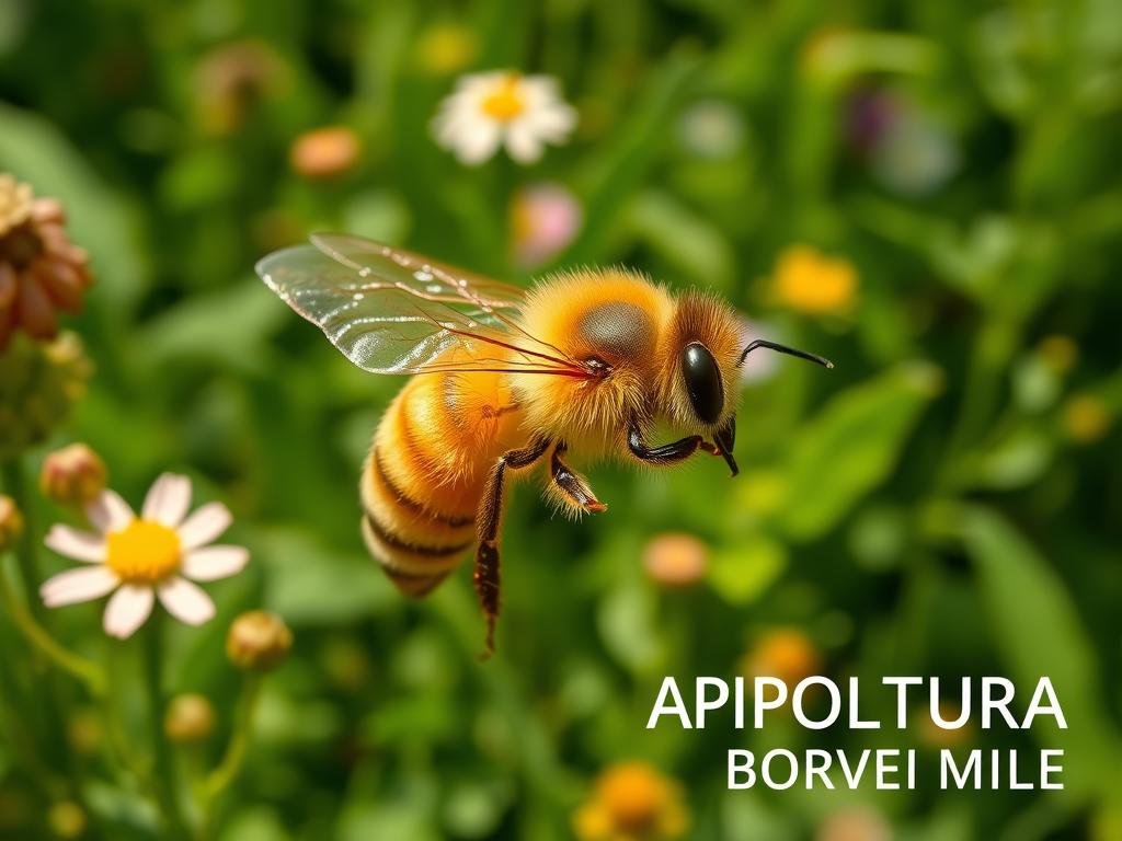 A detailed, high-resolution image of a honey bee (Apis mellifera) in a natural setting, showcasing its anatomical features and characteristics. The bee is positioned in the foreground, its compound eyes, segmented body, and intricate wing structures clearly visible. In the middle ground, lush green foliage and wildflowers create a vibrant, Italian-inspired backdrop. The lighting is soft and natural, highlighting the bee's golden-brown coloration and velvety texture. The overall mood is one of serene observation, inviting the viewer to appreciate the beauty and complexity of the honey bee. The text "APICOLTURA BORVEI MIELE" is subtly incorporated into the image, reflecting the subject's connection to Italian beekeeping. A detailed, high-resolution image of a honey bee (Apis mellifera) in a natural setting, showcasing its anatomical features and characteristics. The bee is positioned in the foreground, its compound eyes, segmented body, and intricate wing structures clearly visible. In the middle ground, lush green foliage and wildflowers create a vibrant, Italian-inspired backdrop. The lighting is soft and natural, highlighting the bee's golden-brown coloration and velvety texture. The overall mood is one of serene observation, inviting the viewer to appreciate the beauty and complexity of the honey bee. The text "APICOLTURA BORVEI MIELE" is subtly incorporated into the image, reflecting the subject's connection to Italian beekeeping.