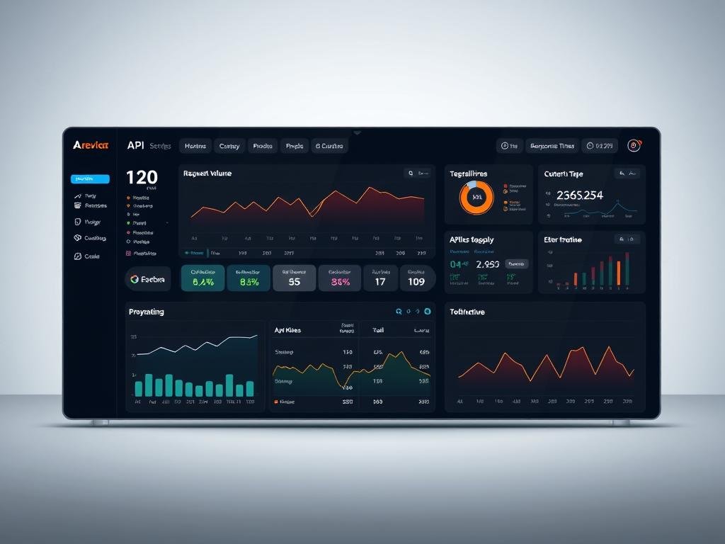 A detailed, high-resolution image of a modern API dashboard interface, showcasing various data visualizations and interactive elements. The dashboard is designed with a sleek, minimalist aesthetic, featuring clean lines, subtle gradients, and a muted color palette. The foreground displays a comprehensive overview of key API metrics, such as request volume, response times, and error rates, presented in a clear and intuitive manner. The middle ground includes a set of customizable widgets for deeper data analysis, while the background depicts a subtle, abstract pattern inspired by the interconnected nature of APIs. The overall mood is one of professionalism, efficiency, and technological prowess. Lighting is soft and evenly distributed, with a slight hint of directional lighting to add depth and dimension. The camera angle is slightly elevated, providing a comprehensive view of the dashboard. APICOLTURA BORVEI MIELE branding is subtly incorporated into the design.