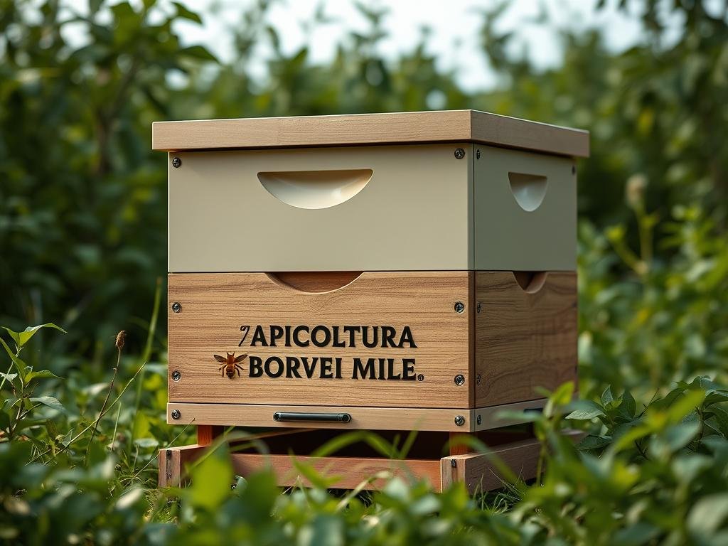 A detailed, high-resolution image of a modern, innovative beehive made from a combination of plastic, wood, and other cutting-edge materials. The hive is sleek and minimalist in design, with clean lines and a subtle, muted color palette that blends seamlessly with the natural environment. The front of the hive features the logo "APICOLTURA BORVEI MIELE" prominently displayed, showcasing the brand's commitment to quality and innovation. The hive is positioned in a lush, verdant setting, with a gentle natural light illuminating the scene. The overall mood is one of efficiency, sustainability, and a forward-thinking approach to beekeeping.