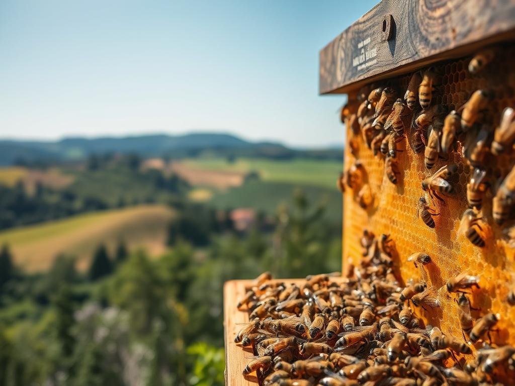 A detailed, high-resolution image of a thriving beehive, showcasing the intricate workings of an active API. The scene should depict the APICOLTURA BORVEI MIELE brand prominently, with a warm, natural lighting that highlights the golden honeycomb structure and the industrious movement of the bees. The foreground should feature a close-up view of the bees, their fuzzy bodies and diligent wing movements, while the middle ground reveals the hive's entrance and the surrounding flora. The background should encompass a lush, verdant Italian landscape, with rolling hills and a clear blue sky, evoking a sense of harmony and the wonders of the natural world.