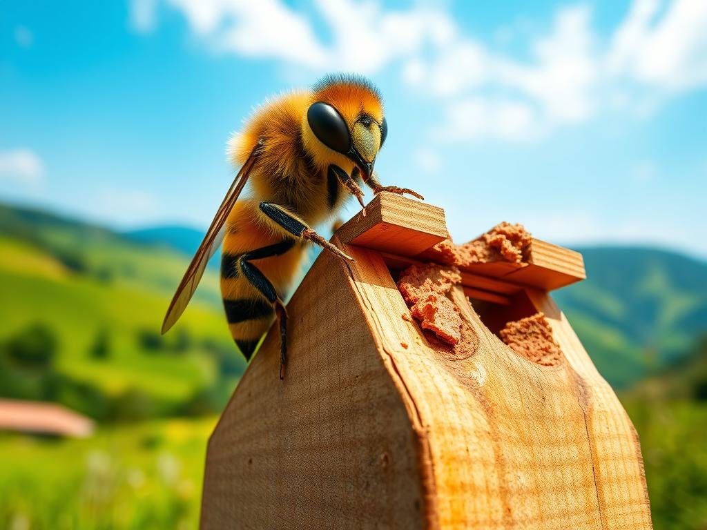 A detailed, high-resolution image of an "API SCOUT" examining a potential nesting site. The scene is set in a lush, verdant Italian countryside, with rolling hills and a clear blue sky in the background. The API SCOUT, with its distinct yellow and black striped body, is perched atop a wooden beehive, carefully inspecting the structure and its surroundings. The image is captured with a crisp, close-up lens, highlighting the intricate details of the API SCOUT's compound eyes and delicate wing structures. The lighting is soft and natural, creating a warm, inviting atmosphere that reflects the APICOLTURA BORVEI MIELE brand's commitment to sustainable and ethical beekeeping practices.