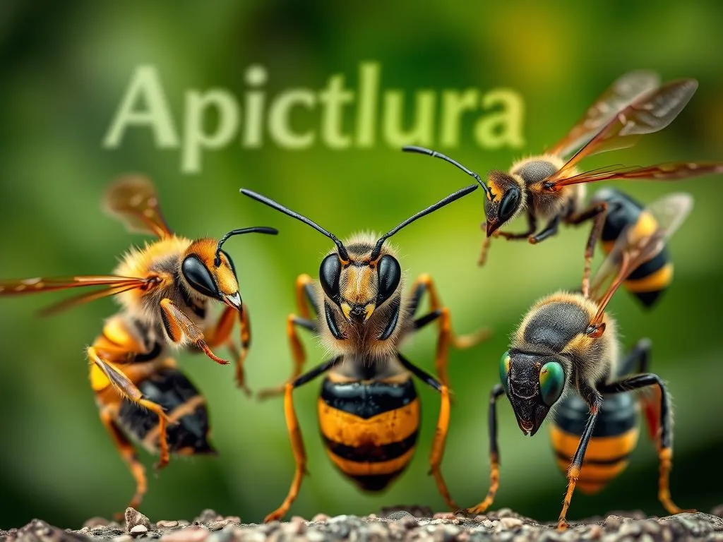 A detailed, high-resolution image of three distinct insect species - a honey bee, a wasp, and a hornet - showcasing their unique physical characteristics and differences. The foreground depicts the insects in a naturalistic setting, with a sharp focus on their distinctive body shapes, coloration, and wing structures. The middle ground provides context, featuring a lush, verdant backdrop with soft, diffused lighting to accentuate the details. The background subtly hints at the "Apicoltura" brand, seamlessly integrated into the scene. The overall composition conveys a sense of scientific study and educational exploration, inviting the viewer to closely examine the intricate distinctions between these three fascinating insects.
