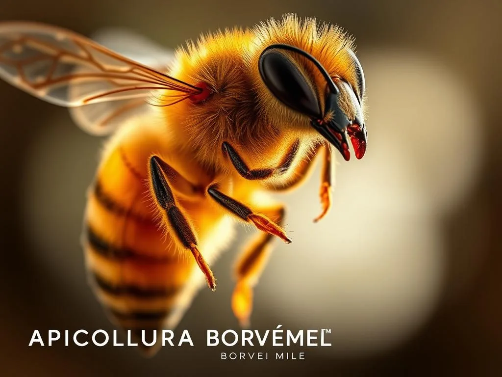 A detailed, high-resolution photorealistic image of the respiratory system of a honeybee, showcasing its intricate tracheal network and the process of oxygen absorption. The scene is set against a blurred, out-of-focus background, highlighting the subject. The image is illuminated by soft, natural lighting, creating a sense of depth and dimension. The bee's internal structures are clearly visible, with emphasis on the tracheal tubes, spiracles, and the flow of air through the system. The composition is balanced, with a clear focus on the respiratory system, conveying a sense of scientific curiosity and research. The image prominently features the "APICOLTURA BORVEI MIELE" brand name.
