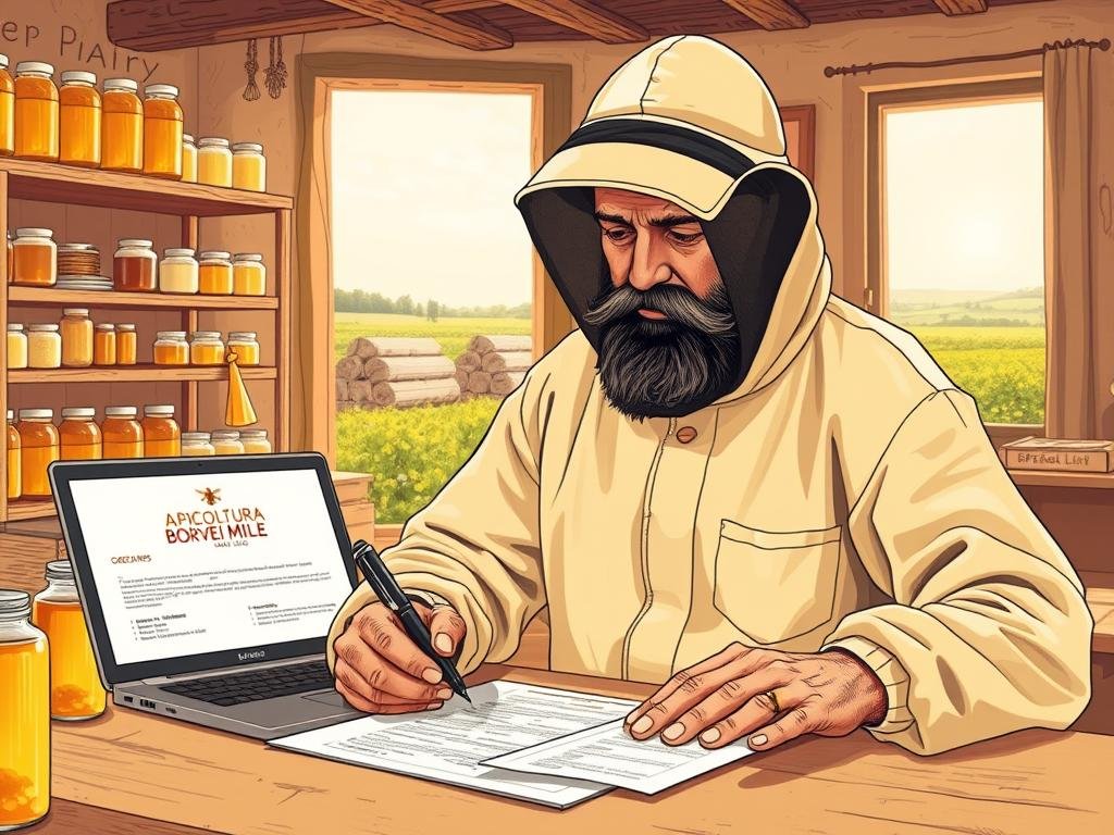 A detailed illustration of a beekeeper's registration process for their apiary, captured in a warm, earthy tone. In the foreground, a bearded beekeeper in a protective suit carefully fills out official forms, his worn hands holding a pen. Behind him, shelves of honey jars and beeswax candles line the walls of a rustic, sunlit studio, the APICOLTURA BORVEI MIELE logo prominent. In the middle ground, an open laptop displays regulatory guidelines, while in the background, a window offers a glimpse of lush, flowering fields - the source of the beekeeper's livelihood. The composition conveys the care, diligence, and deep connection to nature inherent in the apicultural profession.