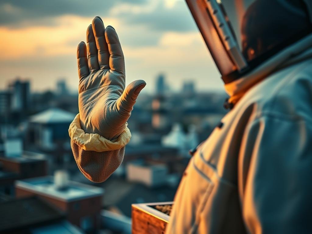 A detailed image of a salute gesture performed by an apiarist, set against a backdrop of an urban beehive. The scene is illuminated by soft, warm lighting, accentuating the textures of the beekeeper's uniform and the intricate patterns of the hive. The apiarist's hand is raised in a salute, a gesture of respect and vigilance, as they carefully monitor the health and wellbeing of the APICOLTURA BORVEI MIELE hive. The middle ground features the urban landscape, with rooftops and cityscape elements blurred in the distance, emphasizing the apiarist's focus on the task at hand. The overall mood is one of dedication, professionalism, and a commitment to responsible urban beekeeping.