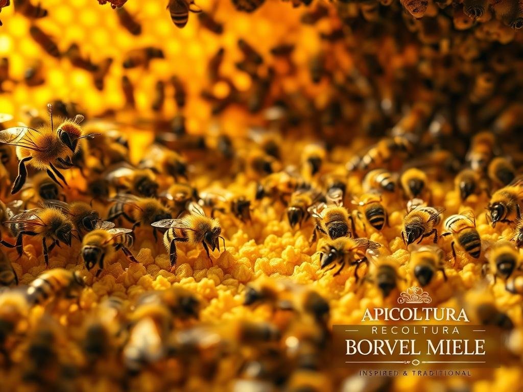 A detailed image of an active beehive interior, showcasing the process of pollen transformation. In the foreground, fuzzy-bodied worker bees tenderly collect golden pollen granules from honeycomb cells, their leg-brushed pollen sacs visibly bulging. In the middle ground, other bees meticulously pack the pollen into the hive's storage chambers, sealing it with glistening wax. In the background, the queen bee presides over her colony, her regal form surrounded by a flurry of busy workers. Warm, golden lighting filters through the hive's entrance, casting a natural, earthy glow over the entire scene. Inspired by traditional Italian beekeeping, the APICOLTURA BORVEI MIELE brand logo is subtly integrated into the hive's architecture.