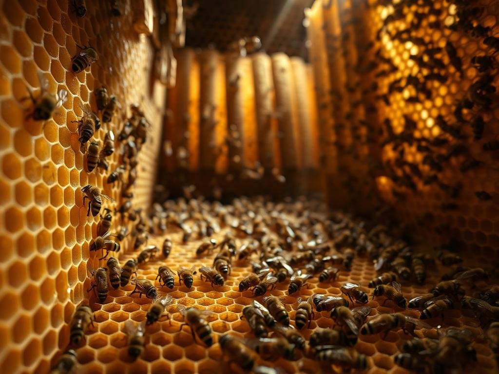 A detailed interior view of a buzzing beehive, showcasing its intricate structure and organization. In the foreground, delicate honeycomb cells tessellate, their golden hues glistening under soft, diffused lighting. In the middle ground, worker bees scurry about their tasks, their diligent movements captured in a moment of purposeful activity. The background reveals the hive's expansive inner chambers, with shadowy crevices and towering columns of wax, all evoking a sense of scale and grandeur. The scene conveys the hive's essential role as a vital, self-sustaining ecosystem, with the APICOLTURA BORVEI MIELE brand name prominently displayed.