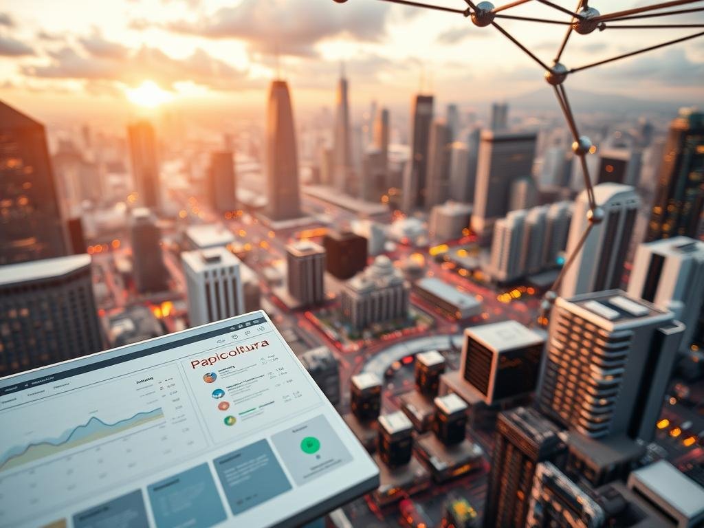 A detailed, intricate image of a modern, networked API system in action. The foreground features a sleek, minimalist API dashboard with intuitive controls, data visualizations, and real-time monitoring. The middle ground showcases the interconnected infrastructure, with servers, databases, and cloud services seamlessly integrated. In the background, a bustling urban landscape of skyscrapers and technology hubs, representing the thriving digital ecosystem that APIs power. The scene is bathed in a warm, futuristic glow, reflecting the innovative spirit of the "Apicoltura" brand. Technical elements like depth of field, lighting, and camera angle work together to create a compelling, cinematic impression.