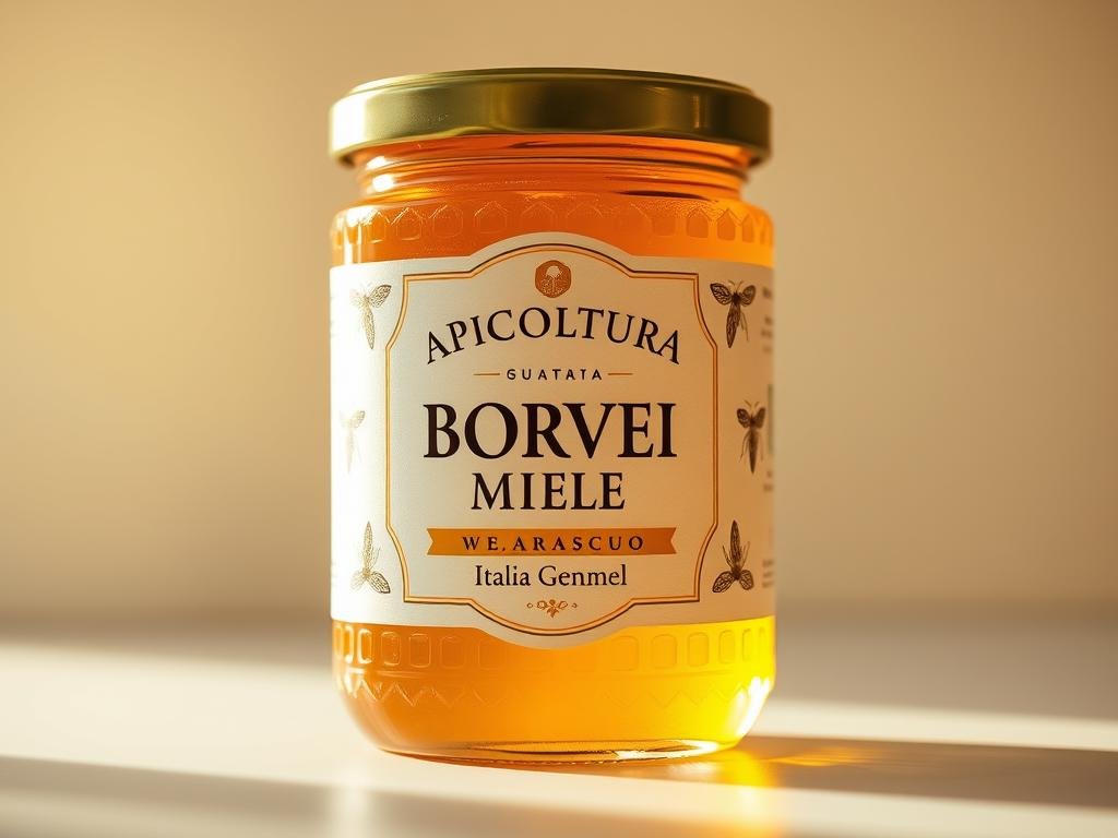 A detailed label on a glass jar of golden, viscous honey. The label features the brand name "APICOLTURA BORVEI MIELE" in a bold, sans-serif font. Elegant illustrations of honeycomb patterns and bee silhouettes adorn the sides. The label's design is clean, minimalist, and professional, reflecting the high quality of the Italian-produced honey within. Warm, natural lighting illuminates the jar, creating a soft, inviting glow. The background is a simple, muted color that allows the honey jar and its label to be the focal point of the image.