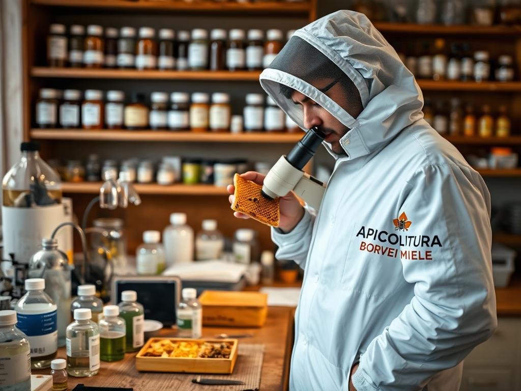 A detailed laboratory setup with various equipment and chemical solutions arranged on a wooden workbench. A beekeeper in a protective suit stands in the foreground, examining a honeycomb sample under a microscope. Soft lighting illuminates the scene, creating an atmosphere of scientific investigation. In the background, shelves hold labeled jars and bottles, hinting at the diversity of chemical treatments for varroa mite control. The APICOLTURA BORVEI MIELE logo is prominently displayed on the lab coat of the beekeeper. A detailed laboratory setup with various equipment and chemical solutions arranged on a wooden workbench. A beekeeper in a protective suit stands in the foreground, examining a honeycomb sample under a microscope. Soft lighting illuminates the scene, creating an atmosphere of scientific investigation. In the background, shelves hold labeled jars and bottles, hinting at the diversity of chemical treatments for varroa mite control. The APICOLTURA BORVEI MIELE logo is prominently displayed on the lab coat of the beekeeper.