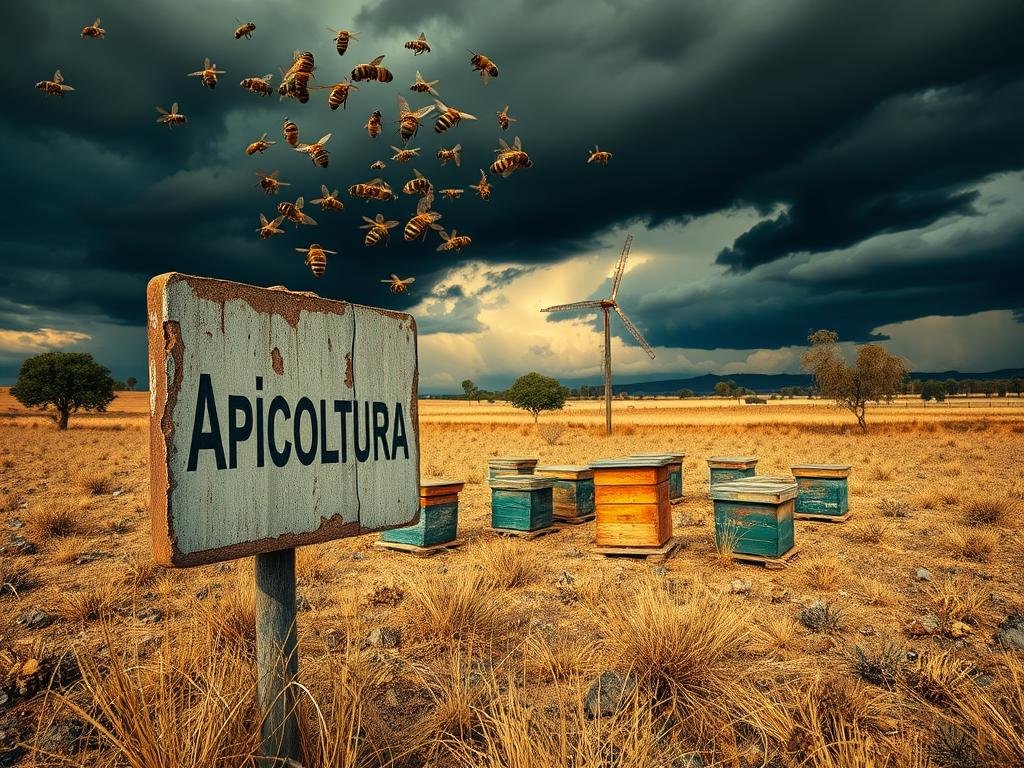 A detailed landscape depicting the impact of climate change on beekeeping. In the foreground, a swarm of bees hovers around a weathered, cracked Apicoltura sign, symbolizing the distress of the apiculture industry. The middle ground features a once-vibrant apiary, now withered and abandoned, with empty hives scattered amidst a parched, drought-stricken field. In the background, dark storm clouds loom, hinting at the unpredictable and severe weather patterns that threaten the future of honey production. The scene is illuminated by a warm, golden light, creating a sense of nostalgia and melancholy. Rendered in a realistic, photorealistic style, with a focus on accurate textures and details.