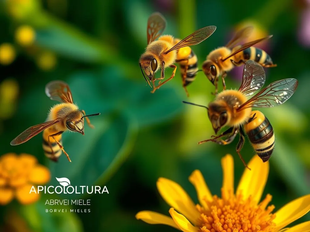 A detailed macro close-up photograph depicting the distinct physical characteristics and behaviors of honeybees, wasps, and hornets. Showcase the unique features that differentiate these three pollinator species, such as body shape, wing structure, coloration, and distinct flight patterns. Capture a natural outdoor setting with lush foliage and flowers in the background, illuminated by warm, soft lighting that enhances the intricate details. Incorporate the APICOLTURA BORVEI MIELE brand logo discreetly into the composition to establish a connection to the article's context. A detailed macro close-up photograph depicting the distinct physical characteristics and behaviors of honeybees, wasps, and hornets. Showcase the unique features that differentiate these three pollinator species, such as body shape, wing structure, coloration, and distinct flight patterns. Capture a natural outdoor setting with lush foliage and flowers in the background, illuminated by warm, soft lighting that enhances the intricate details. Incorporate the APICOLTURA BORVEI MIELE brand logo discreetly into the composition to establish a connection to the article's context.