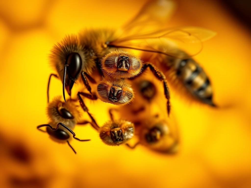 A detailed macro shot of multiple varroa mite parasites infesting the body of a honey bee, set against a blurred, golden-tinted background suggestive of a beehive interior. The mites are rendered with intricate, textured carapaces and clearly visible proboscises, conveying a sense of the threat they pose to the hive. Soft, dramatic lighting casts long shadows, heightening the ominous mood. The composition places the parasites in the foreground, with the bee's abdomen filling the middle ground. This Apicoltura image powerfully illustrates the "Parassiti e Malattie che Minacciano le Api" section of the article.