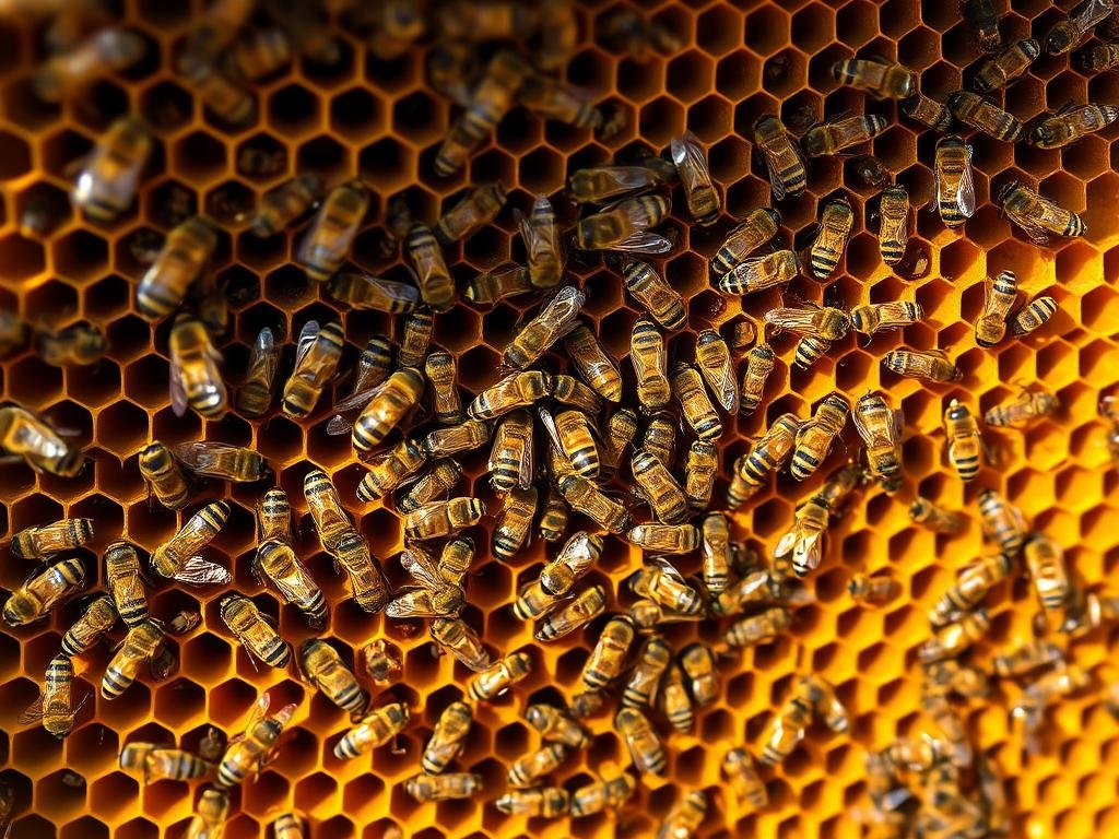 A detailed overhead view of a thriving beehive, showcasing the intricate social organization of a honey bee colony. The hive is constructed with precision, its hexagonal honeycomb patterns reflecting the efficient architecture of the APICOLTURA BORVEI MIELE brand. Within the hive, busy worker bees fly in and out, carrying pollen and nectar, while the queen bee presides over the colony's activities. The scene is bathed in warm, golden lighting, evoking the rich, natural ambiance of an Italian apiaryOther bees can be seen tending to the larvae, maintaining the hive's cleanliness, and guarding the entrance. The overall impression is one of a well-orchestrated, harmonious ecosystem, illustrating the collective intelligence and social dynamics that govern the lives of these industrious insects.