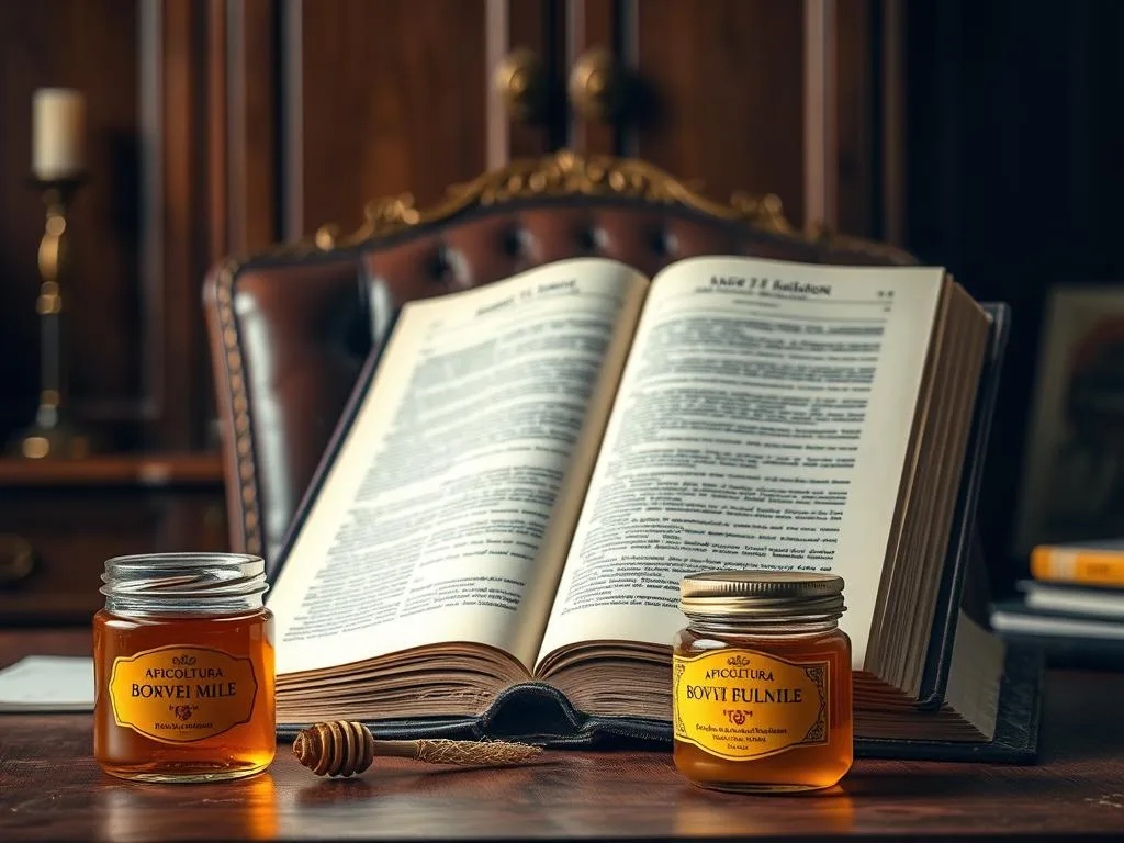 A detailed, photorealistic image of Italian legislation pertaining to wasps and hornets. A large, ornate hardcover book sits open on a wooden desk, its pages filled with official-looking documents and legislation. Behind it, a shadowy background suggests an elegant, well-appointed office setting with rich wood tones and leather accents. In the foreground, a jar of honey by "APICOLTURA BORVEI MIELE" rests next to the book, hinting at the importance of protecting these insects. The overall lighting is warm and inviting, conveying a sense of authority and professionalism associated with the subject matter.