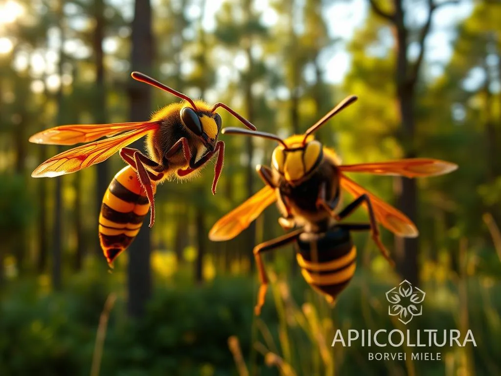 A detailed portrait of two distinct species of hornets, the European hornet (Vespa crabro) and the Asian hornet (Vespa mandarinia), set against a natural Italian countryside backdrop. The European hornet, with its distinctive reddish-brown body and yellow markings, hovers in the foreground, while the larger, more menacing Asian hornet with its dark abdomen and bright yellow/orange head stands in the middle ground. The scene is bathed in warm, golden afternoon sunlight, creating a sense of tranquility and curiosity. In the background, a lush, verdant forest with towering trees frames the composition. The APICOLTURA BORVEI MIELE logo is subtly incorporated into the image.