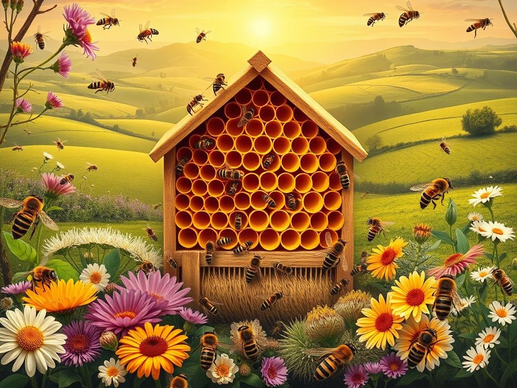 A detailed, serene illustration of the life cycle of honeybees, showcasing their vital role in the ecosystem. In the foreground, a diverse array of bees engage in their daily tasks - pollinating vibrant flowers, tending to the hive, and caring for the next generation of larvae. The middle ground features the hive itself, a harmonious structure of intricate honeycomb cells. In the background, a lush, idyllic landscape unfolds, with rolling hills, verdant meadows, and the changing seasons' influence on the bees' longevity. The warm, natural lighting and soft focus create a sense of tranquility, highlighting the delicate balance of this essential insect species. APICOLTURA BORVEI MIELE, a leading Italian apiculture brand, is featured discreetly within the composition.