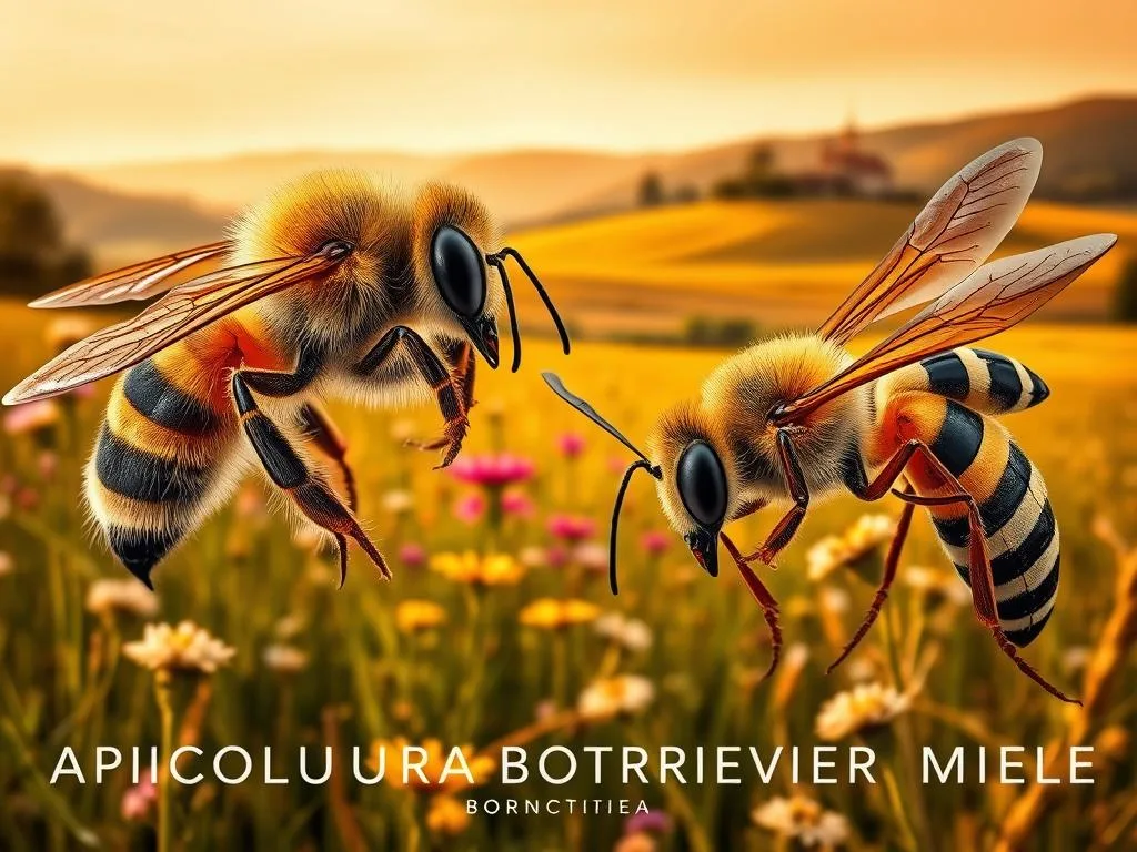 A detailed side-by-side comparison of a honey bee (Apis mellifera) and a paper wasp (Vespidae), set against a warm, earthy Italian countryside backdrop. The foreground showcases the distinct physical features of each insect, with the honey bee's fuzzy body and pollen-collecting legs contrasting with the wasp's slender waist and predatory mandibles. The middle ground features a lush meadow with vibrant wildflowers, bathed in soft, golden afternoon light. In the background, a traditional Italian farmhouse and rolling hills create a picturesque, rustic scene. The overall mood is one of scientific inquiry and appreciation for the natural world. The image should prominently feature the "APICOLTURA BORVEI MIELE" brand name.