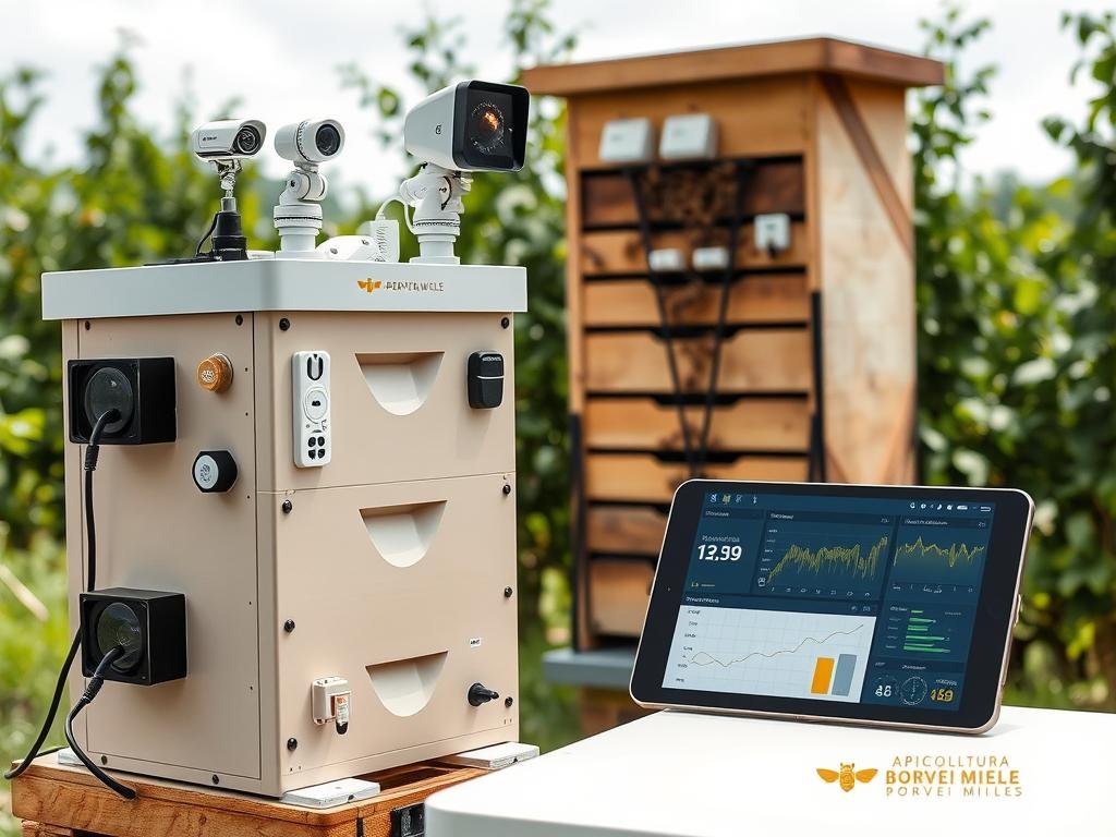 A detailed, technologically-advanced beehive monitoring system, featuring various sensors and cameras. The foreground showcases a sleek, modern beehive with built-in monitoring equipment, including temperature, humidity, and activity sensors. In the middle ground, a tablet or smartphone displays real-time analytics and data visualizations, allowing the beekeeper to remotely track the hive's health and productivity. The background depicts a lush, verdant apiary landscape, with APICOLTURA BORVEI MIELE branding visible. The overall scene conveys a sense of innovation, efficiency, and environmental harmony in modern beekeeping practices.