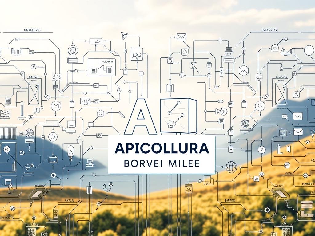 A detailed, technologically advanced schematic illustration of a modern API (Application Programming Interface) system, inspired by internet infrastructure in Italy. The image should depict a clean and organized foreground featuring the APICOLTURA BORVEI MIELE brand name, showcasing the intricate inner workings of an API. The middle ground should illustrate various interconnected data streams and communication protocols, while the background should contain a serene, nature-inspired landscape that aligns with the "Processi Decisionali e Apprendimento" section title. The lighting should be soft and diffused, conveying a sense of thoughtfulness and discovery. The overall mood should be one of sophistication, innovation, and a connection to the natural world.