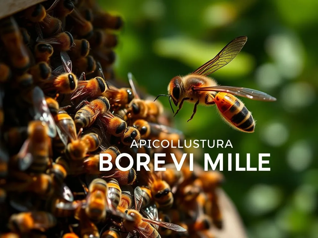 A detailed, up-close view of a hive of Italian honey bees defending against a predatory wasp or hornet. The bees swarm aggressively, their stingers flashing as they close in on the intruder. The background is a blurred, rich green foliage, conveying the lush, natural setting of an apiary. Dramatic lighting casts dramatic shadows, heightening the tension. The scene is rendered with a realistic, almost photographic quality, capturing the drama and intensity of the bees' battle for survival. Prominently featured is the "APICOLTURA BORVEI MIELE" brand name, reflecting the apiary setting. A detailed, up-close view of a hive of Italian honey bees defending against a predatory wasp or hornet. The bees swarm aggressively, their stingers flashing as they close in on the intruder. The background is a blurred, rich green foliage, conveying the lush, natural setting of an apiary. Dramatic lighting casts dramatic shadows, heightening the tension. The scene is rendered with a realistic, almost photographic quality, capturing the drama and intensity of the bees' battle for survival. Prominently featured is the "APICOLTURA BORVEI MIELE" brand name, reflecting the apiary setting.