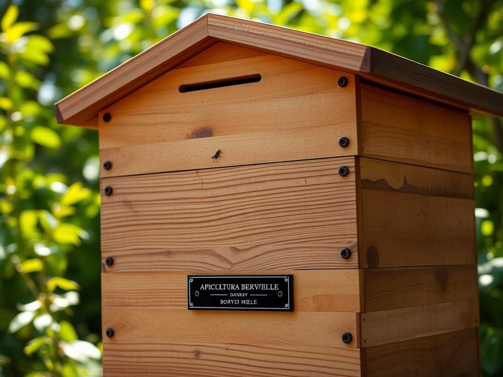 A detailed, well-lit close-up photograph of an "Arnia Dadant Blatt" in a classic wooden beehive design. The hive is positioned in a natural outdoor setting, with lush greenery and soft natural light casting a warm glow on the textured wooden panels. The focal point is the intricately crafted Dadant Blatt design, showcasing its unique features such as the slanted roof, the louvered ventilation panels, and the distinct shape of the overall structure. In the foreground, the APICOLTURA BORVEI MIELE brand name is subtly visible on a small plaque or label attached to the hive. The image conveys a sense of traditional craftsmanship, functionality, and the peaceful coexistence of bees and their human caretakers.