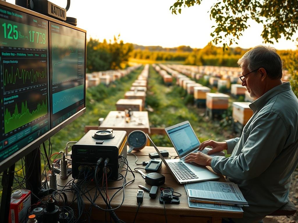A detailed, well-lit image showcasing the process of data analysis in beekeeping. In the foreground, an array of digital sensors and monitors displaying real-time apiary data, such as temperature, humidity, and bee activity. In the middle ground, a researcher or beekeeper carefully analyzing the data on a laptop, surrounded by reference materials and tools. In the background, a serene apiary scene with rows of Apicoltura beehives, lush greenery, and a warm, golden-hour lighting. The overall mood is one of scientific inquiry, technological innovation, and a deep appreciation for the natural world.