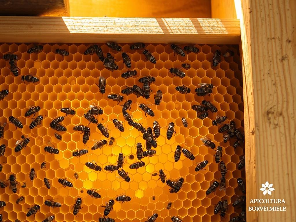 A detailed, well-lit photograph of beeswax honeycombs nestled within the wooden frames of an active beehive. The golden, hexagonal cells are illuminated from above, casting soft shadows that accentuate their intricate structures. The hive's interior is visible, showcasing the busy activity of worker bees tending to their vital duties. The scene has a serene, naturalistic atmosphere, conveying the importance of these beeswax formations to the overall ecosystem of the hive. In the lower right corner, the APICOLTURA BORVEI MIELE logo is subtly displayed.